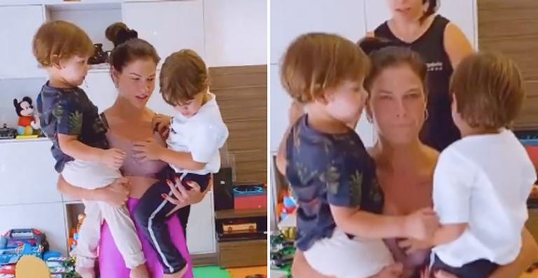 Após imprevisto, Andressa Suita improvisa em rotina fitness e ‘usa’ filhos, Gabriel e Samuel: “Ajudaram no treino da mamãe”