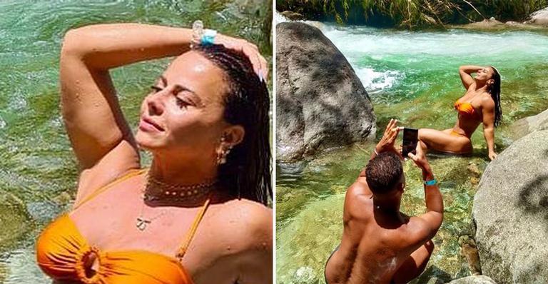 De biquíni, Viviane Araújo faz noivo de fotógrafo e exibe corpão torneado em banho de cachoeira