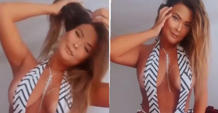 Geisy Arruda surge com maiô polêmico e cavadíssimo em vídeo e fã se preocupa: “Não machuca lá?”