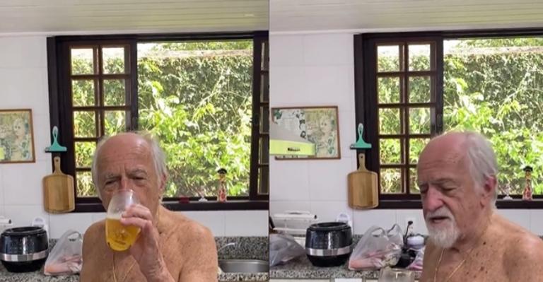 Aos 88 anos, Ary Fontoura surge só de sunga preparando churrasco em casa: ”Carnaval”