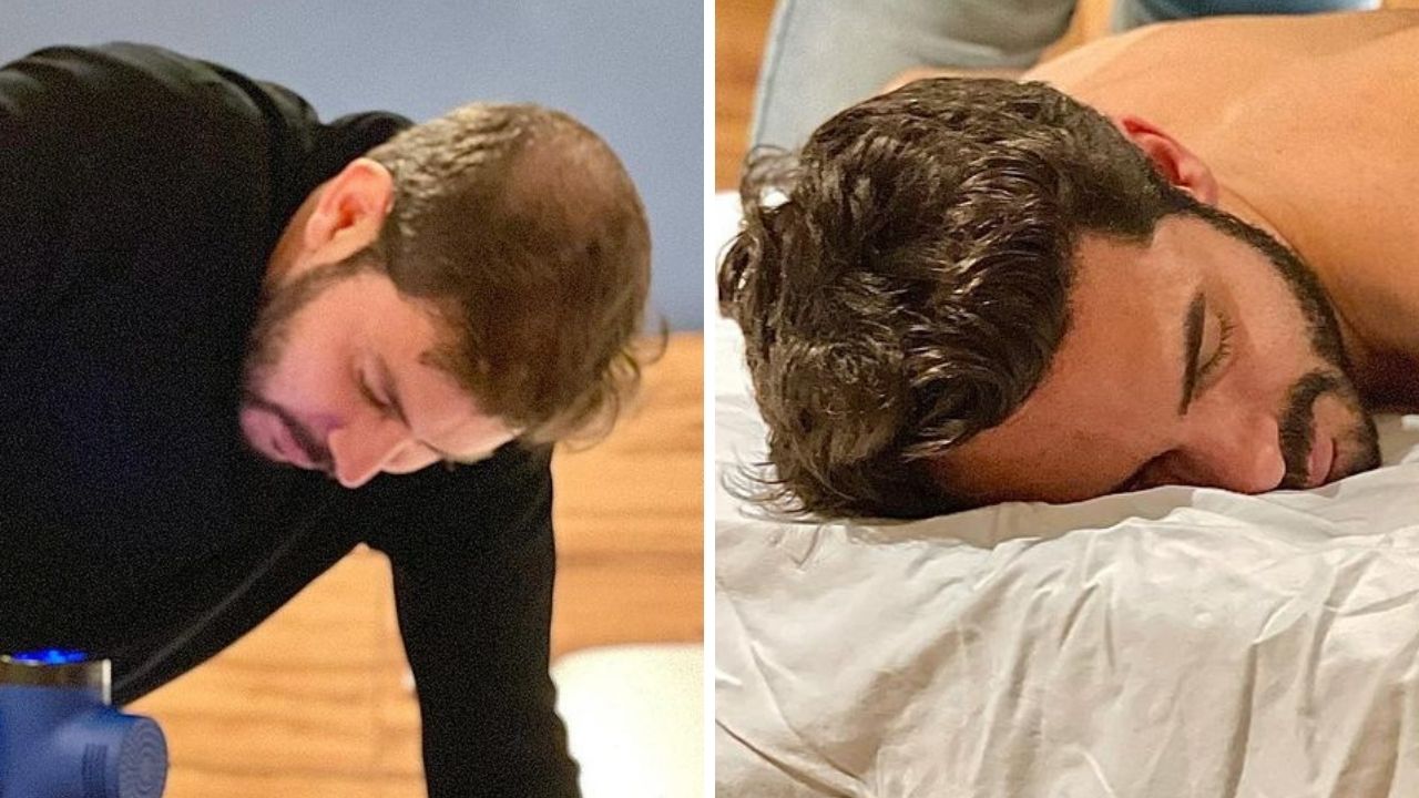 Ex-BBB Caio Afiune surge fazendo massagem em Rodolffo que aparece na cama sem camisa: “Perdeu no par ou ímpar”