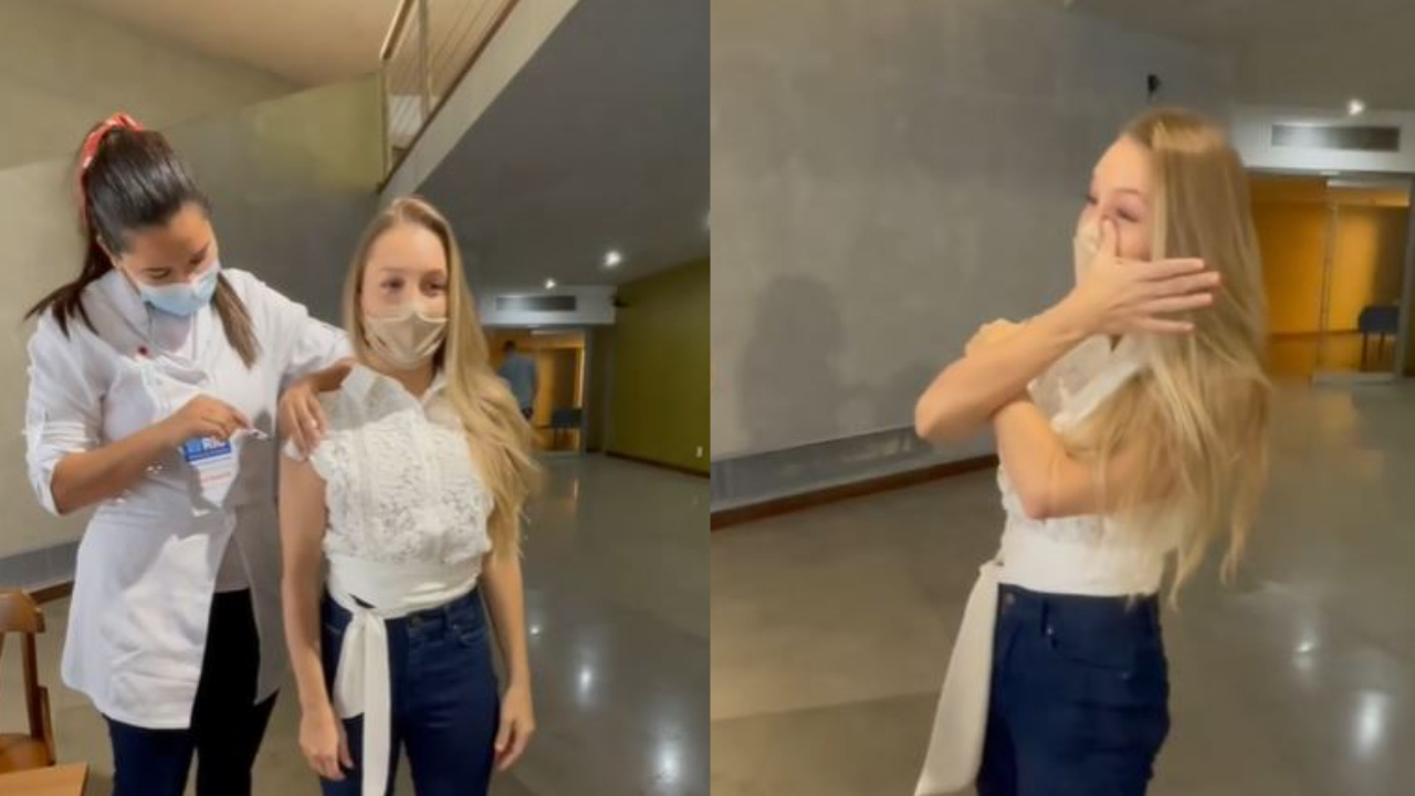 Ex-BBB Carla Diaz chora ao receber vacina contra a Covid-19 e revela: “Pertenço ao grupo de risco”