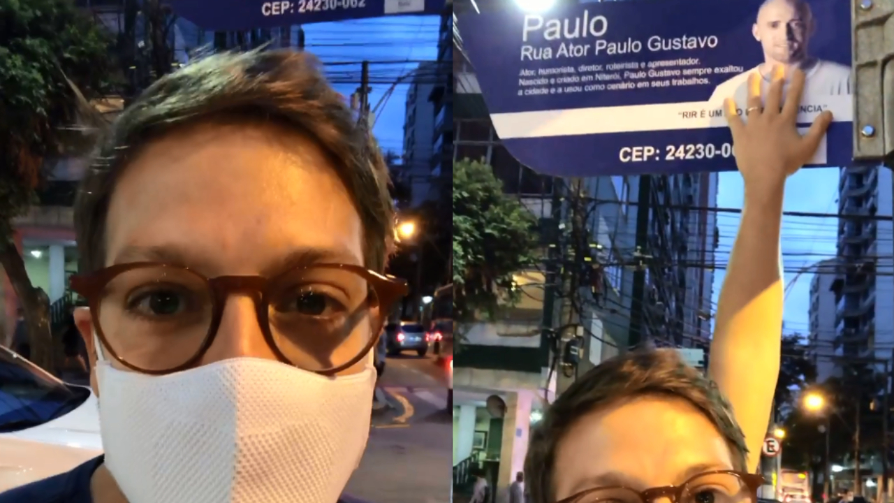 Fábio Porchat se emociona ao visitar rua em homenagem a Paulo Gustavo, em Niterói: ”Eu te amo”