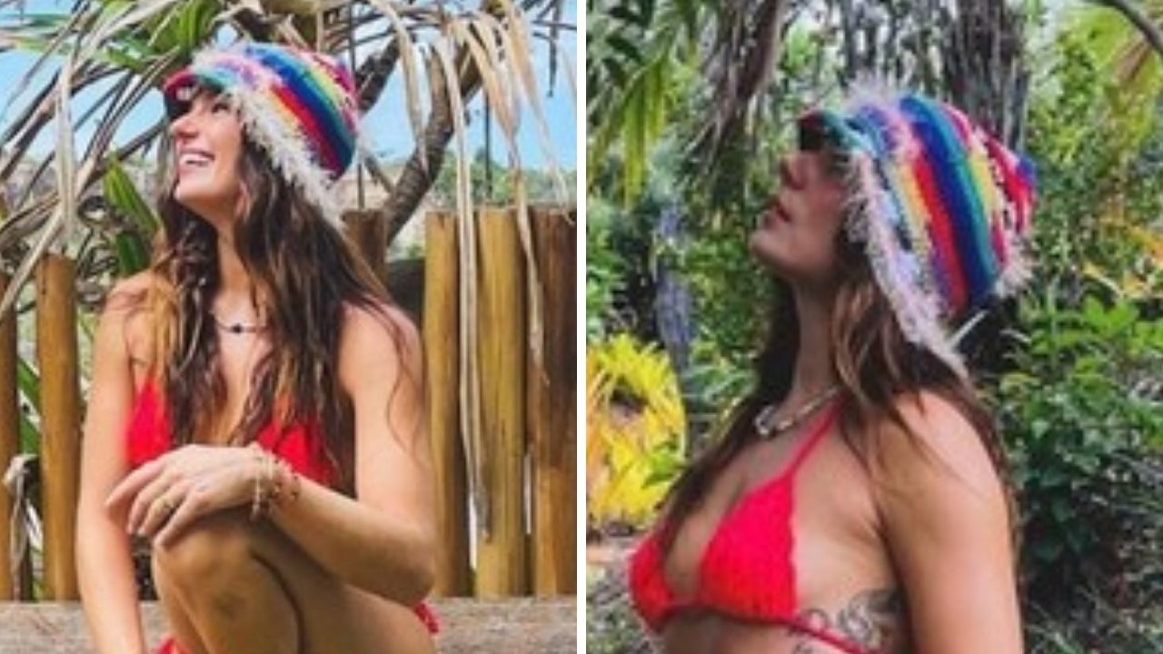 Mulherão! Em cliques quentes, Isis Valverde aposta em biquíni vermelho fio-dental e deixa corpão em evidência