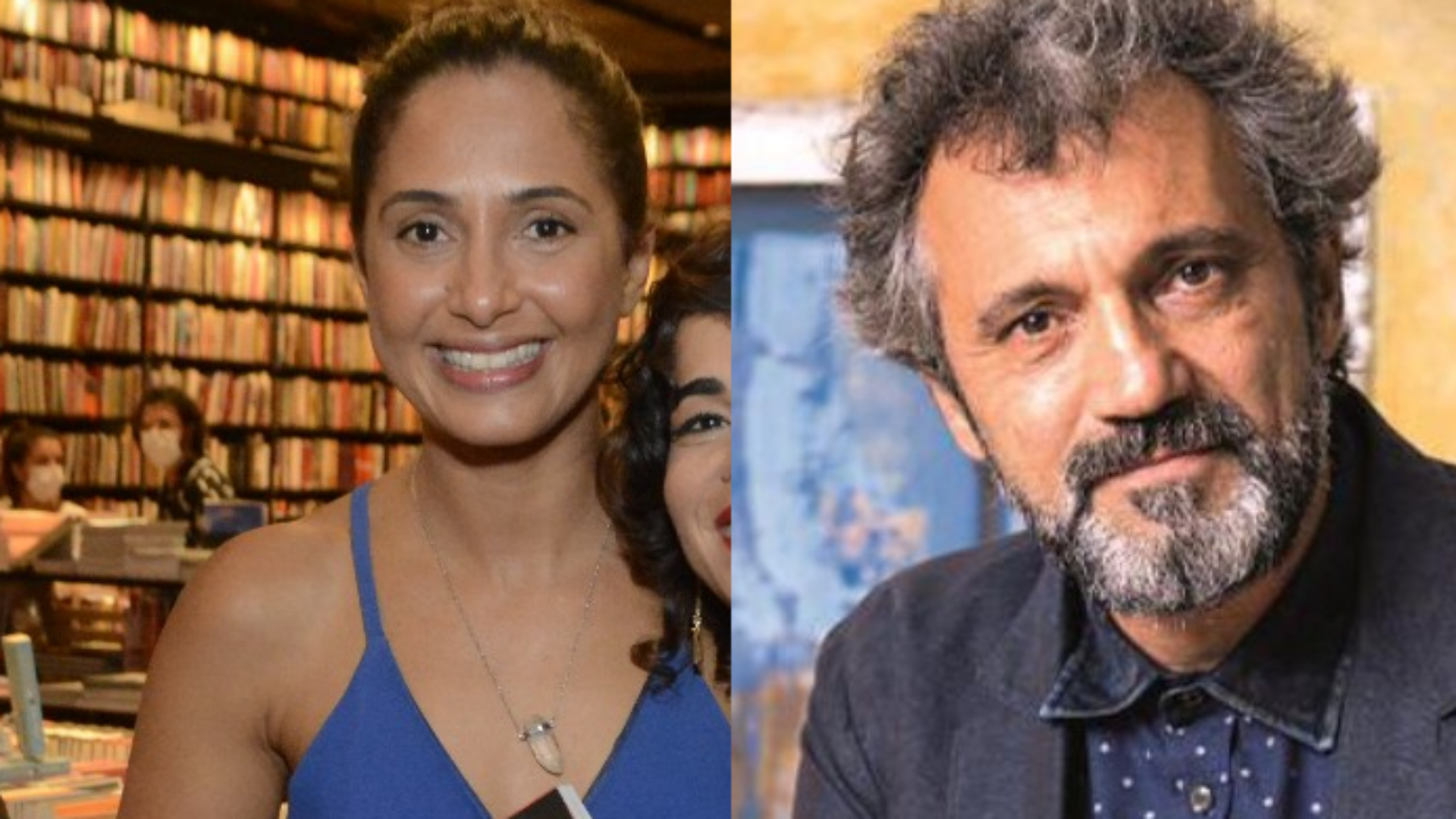 Camila Pitanga posa sorridente com viúva de Domingos Montagner em evento