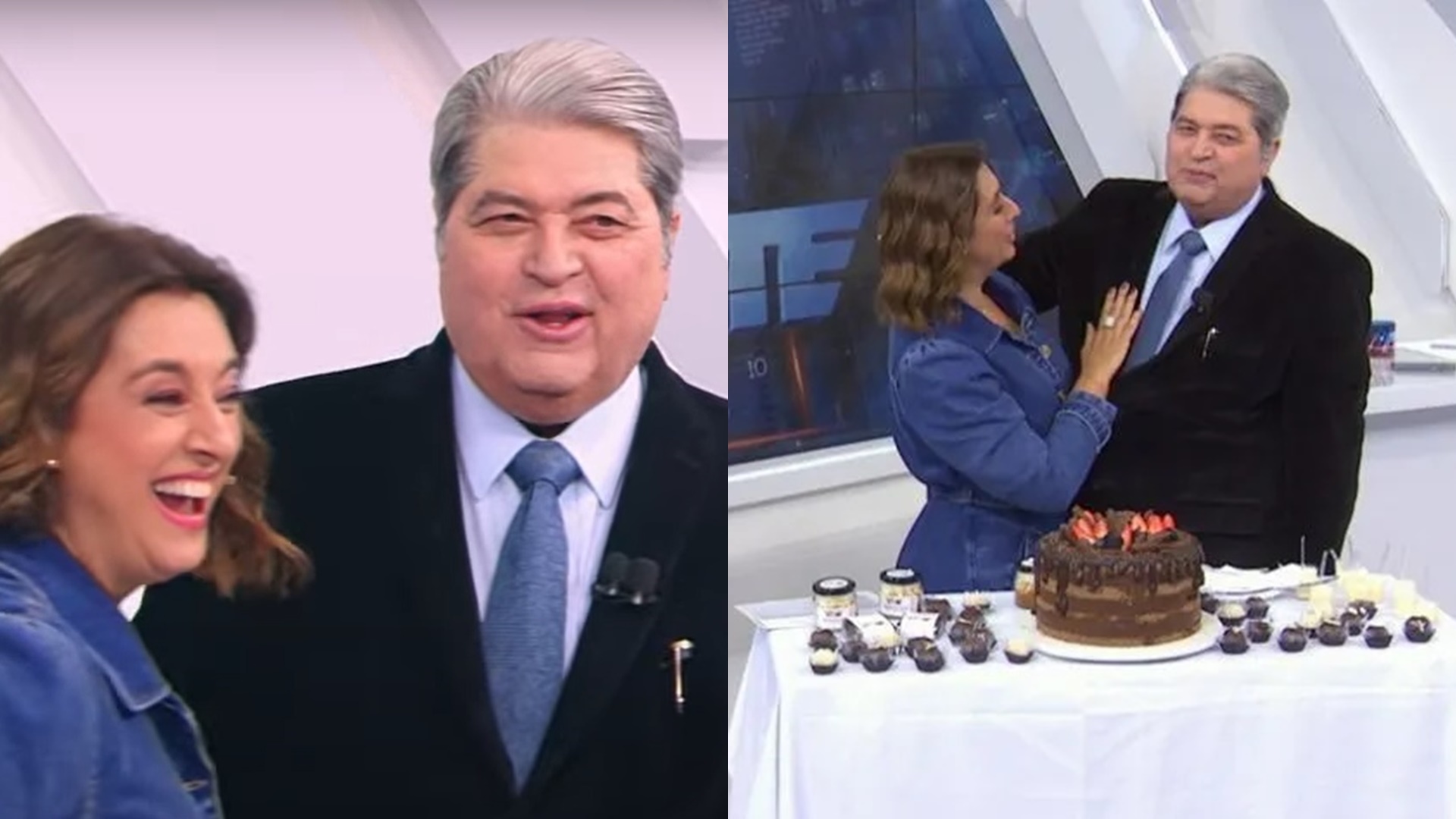 Catia Fonseca pega Datena de surpresa ao vivo com festa surpresa: “Nossa amizade”