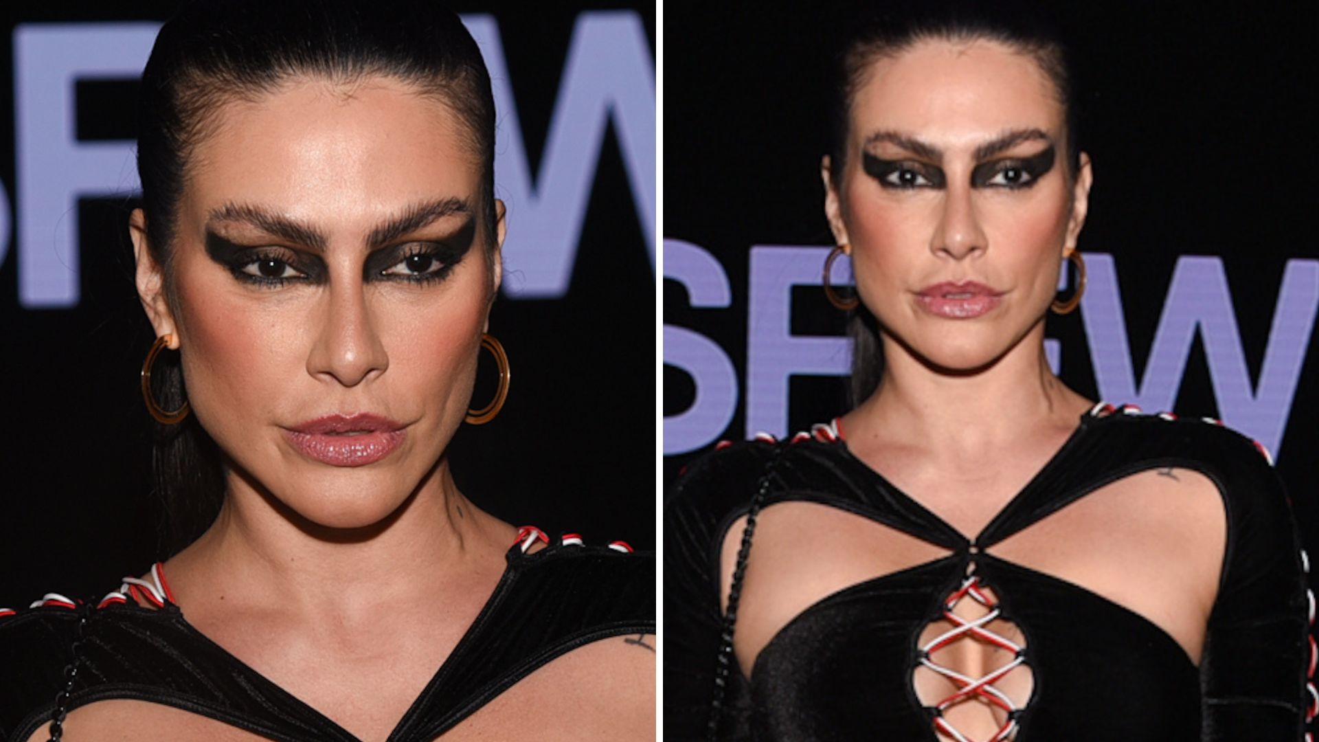 Cleo aparece em evento com look fetichista e deixa escapar tatuagem abaixo dos seios