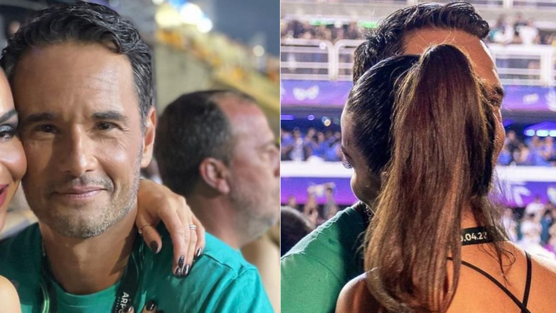 Em rara aparição juntos, Rodrigo Santoro troca beijos com a esposa na Sapucaí