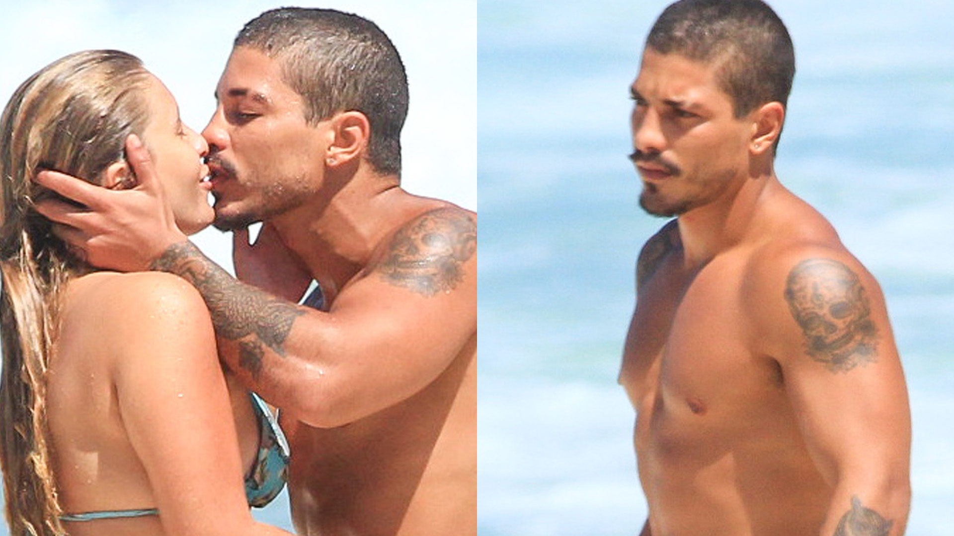 Douglas Sampaio deixa volume aparecer ao beijar noiva na praia
