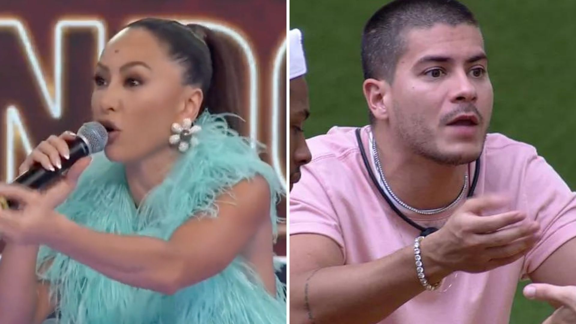 No Domingão, Sabrina Sato alfineta Arthur Aguiar: “Comeu mais lá dentro ou aqui fora?”