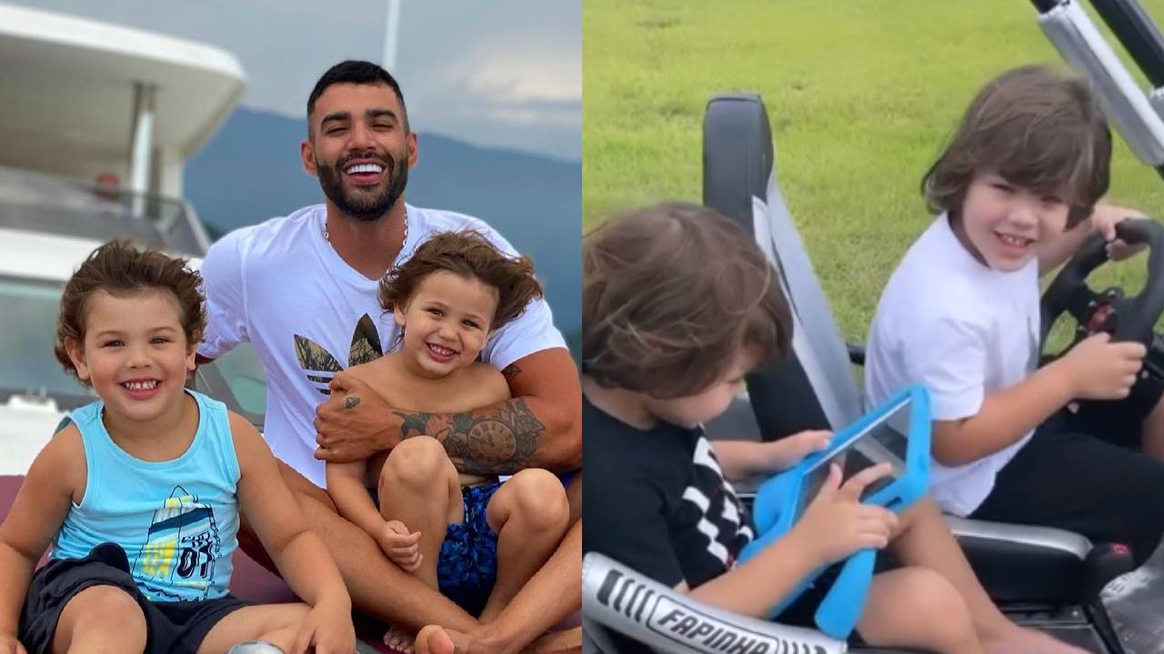 Aos 4 anos, filho de Gusttavo Lima surge dirigindo mini buggy e leva irmão caçula na carona