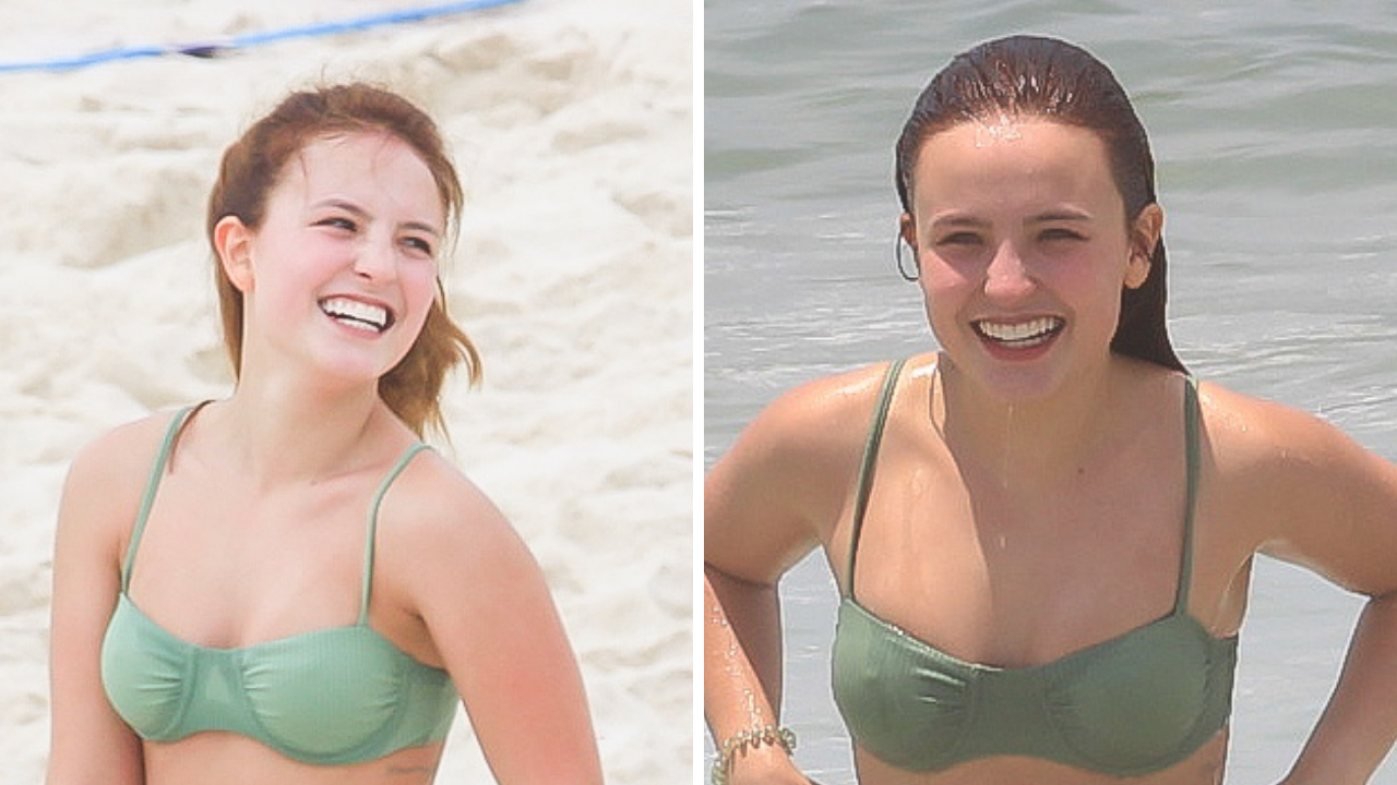 De biquíni, Larissa Manoela exibe coxas grossas após bater um bolão em praia no Rio