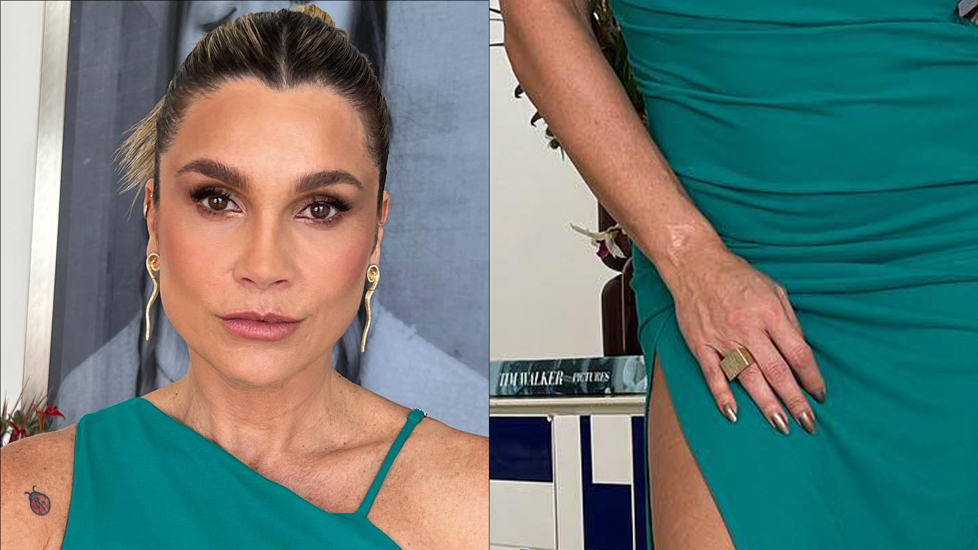 Sem lingerie, Flávia Alessandra atiça Otaviano com pernão em fenda profunda: “Linda”