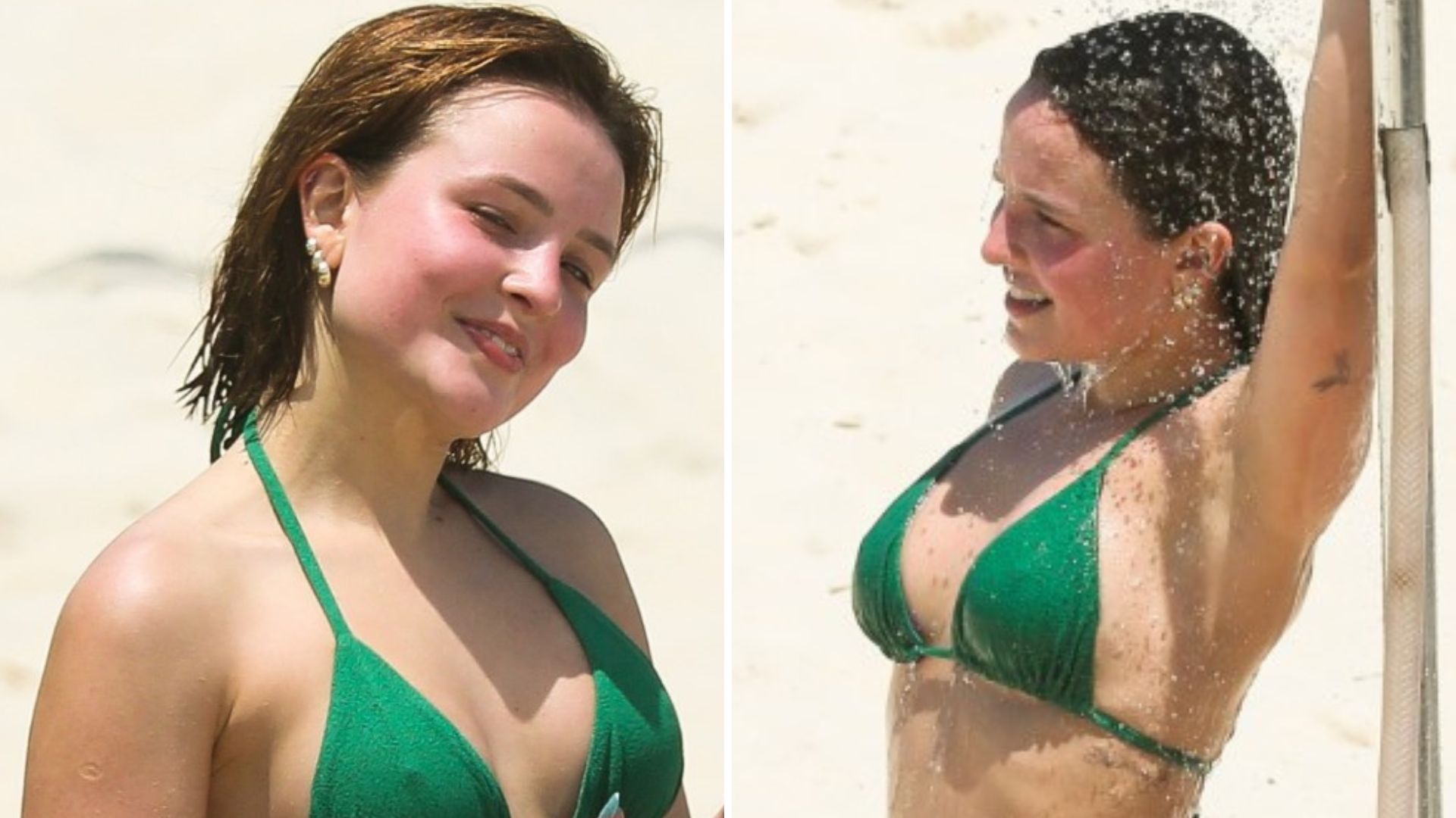 De biquíni, Larissa Manoela deixa tatuagem na virilha escapar ao curtir praia com o namorado