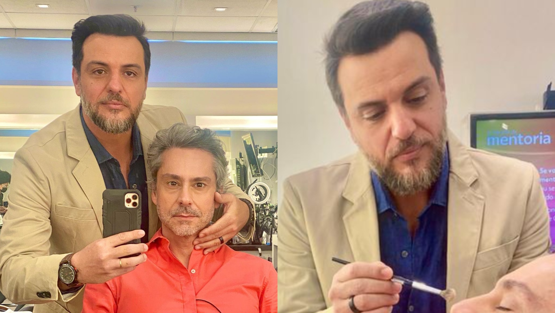 Trabalho novo? Rodrigo Lombardi maquia Alexandre Nero nos bastidores de ‘Travessia’: “Dia de beleza”