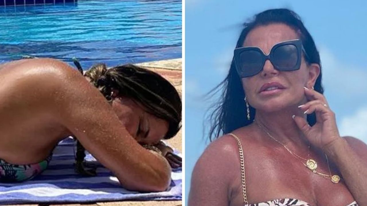 De bruços, Gretchen capricha no bronzeado no bumbum e exibe corpão de biquíni: “Vantagens de ser velha”