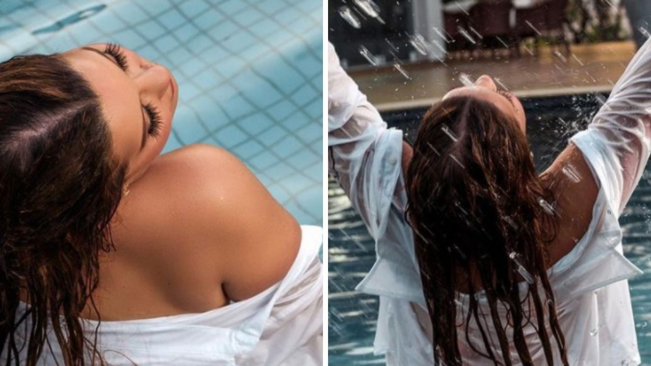 Maiara deixa bumbum em evidência e se joga na piscina de camisa e fio-dental: “Mais feliz sozinha”