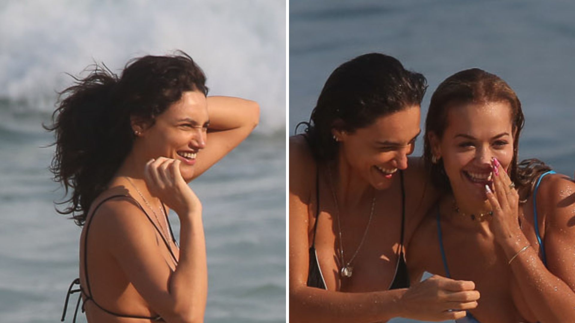 Acompanhada, Débora Nascimento exibe corpaço ao tomar banho de mar de fio-dental