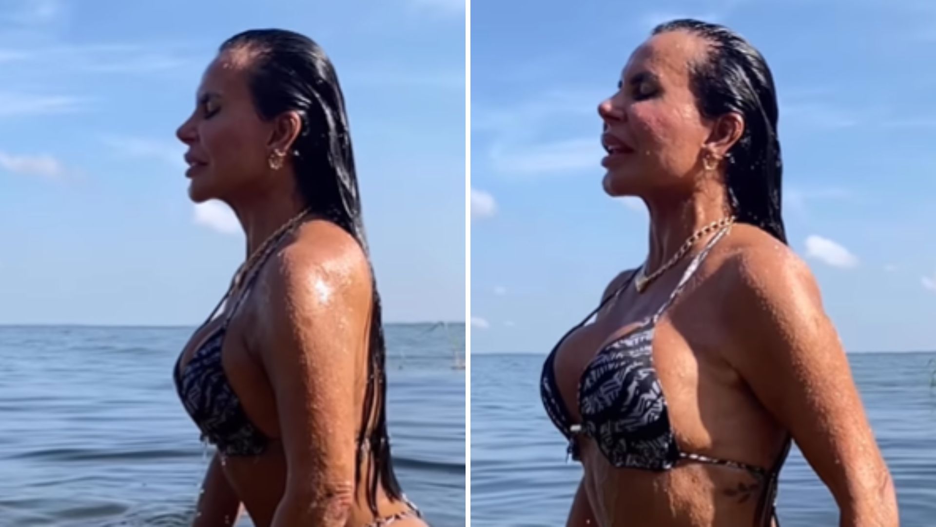 De fio-dental, Gretchen sensualiza ao sair do rio e mostra barriga após cirurgia: “Deusa”