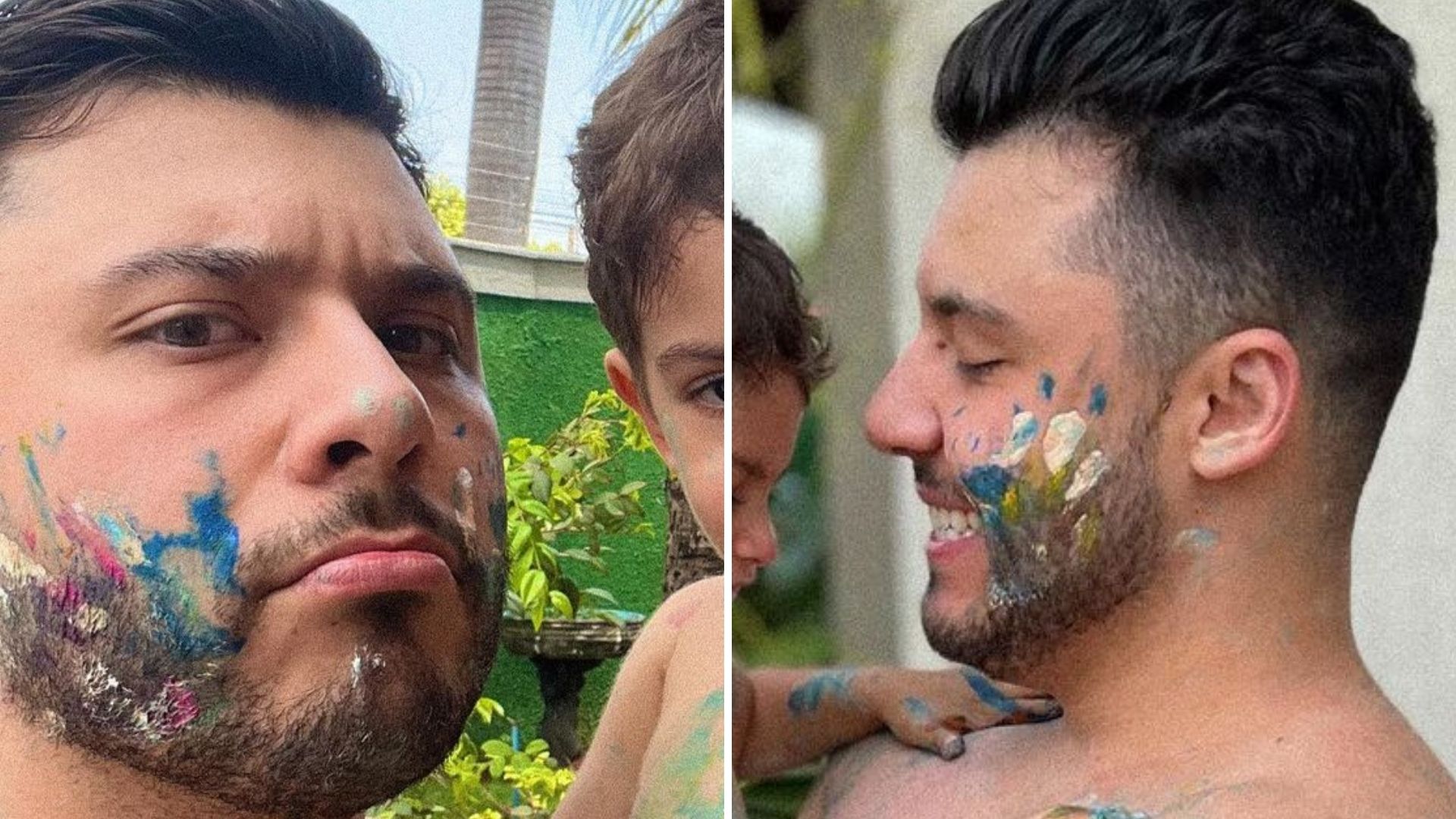 Murilo Huff faz a alegria de seu filho com Marília Mendonça e se lambuza na tinta: “Sempre é hora”