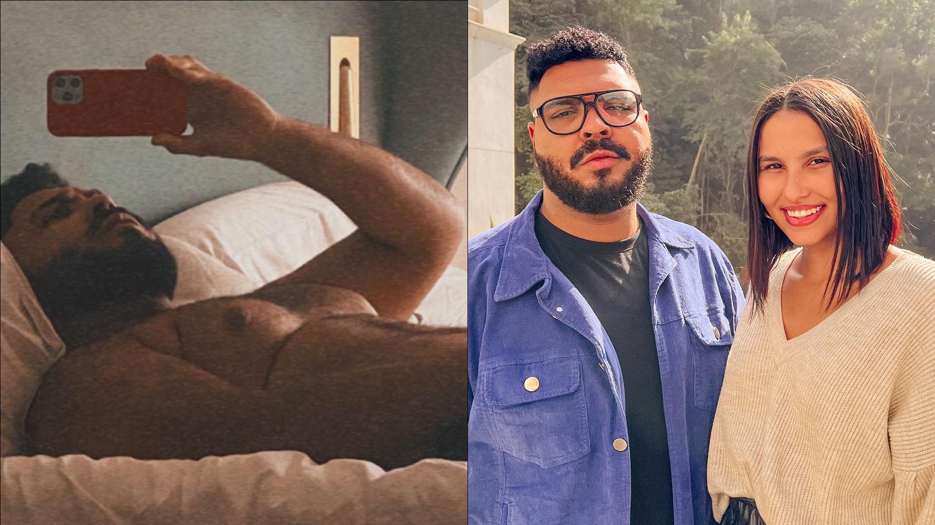 Paulo Vieira agarra a mala em foto só de cueca e irrita namorada: “Apaga agora”