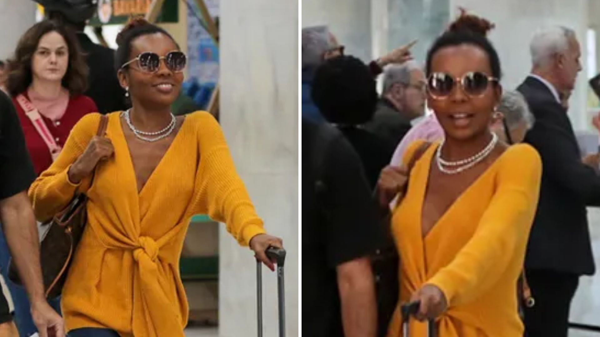 Ex-BBB Thelma Assis é flagrada no aeroporto com look estiloso ao lado do marido