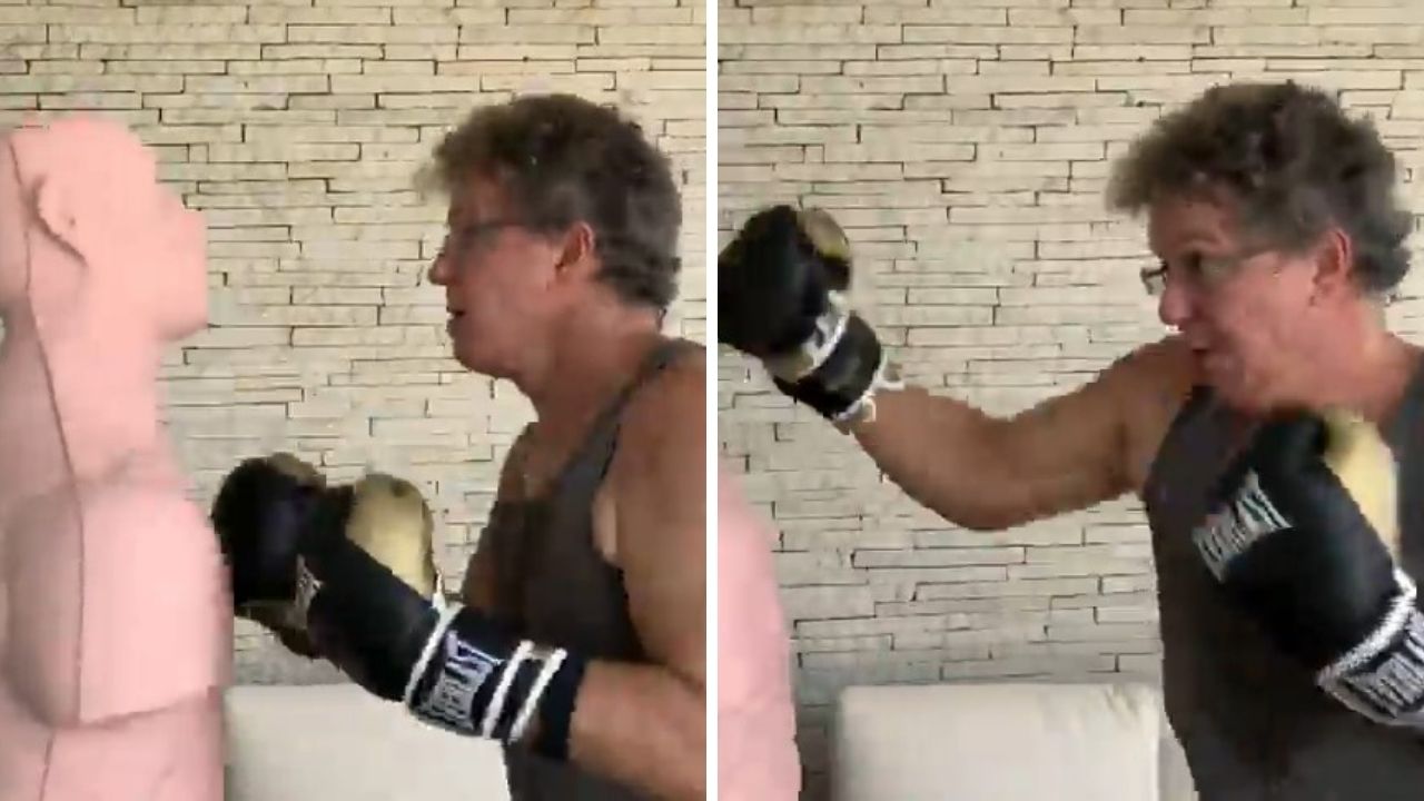 Boninho desconta a raiva em boneco durante treino de boxe e dá até nome para ele: “Para começar o dia relaxado”