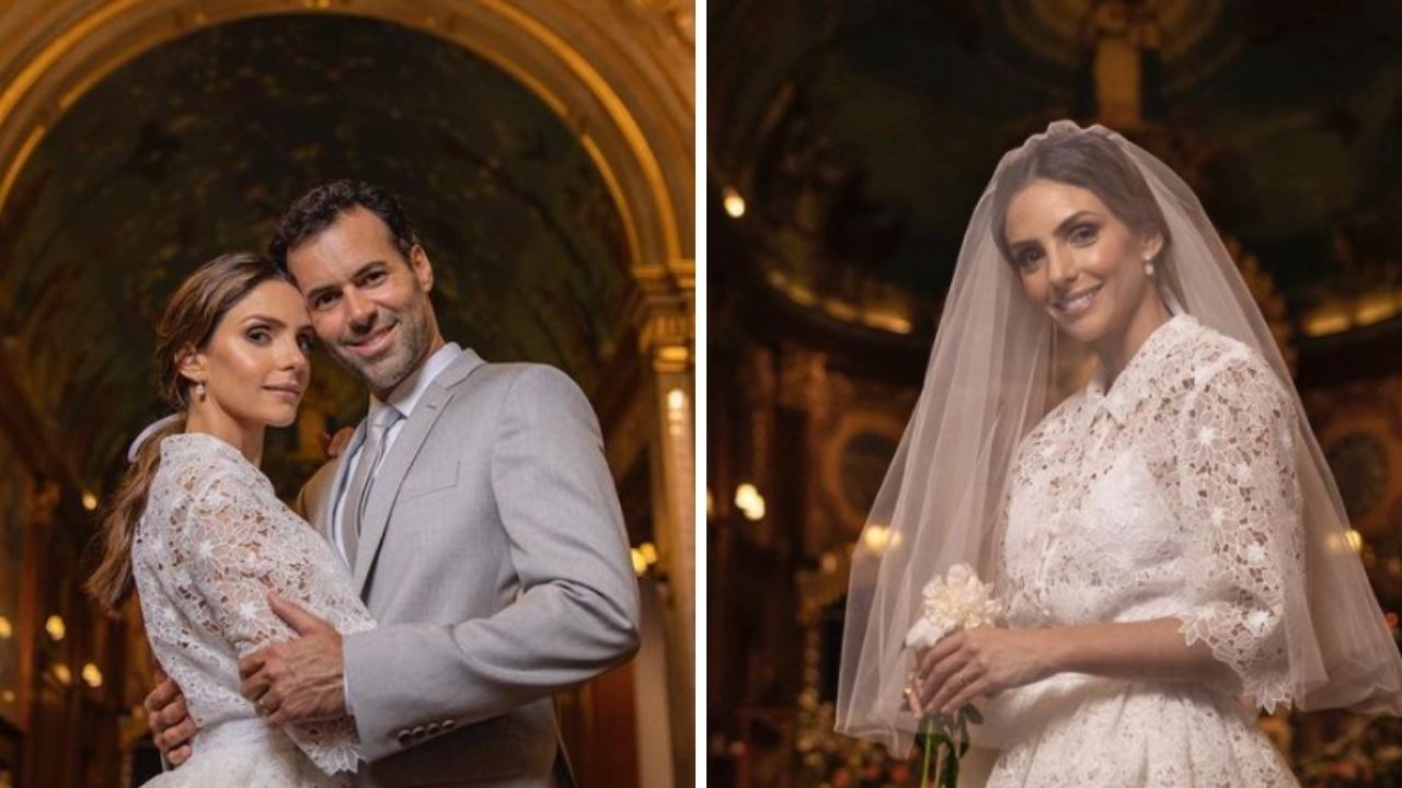 Vestido clássico, luxo, igreja vazia e lembrança do pai que partiu: o casamento de Carol Celico