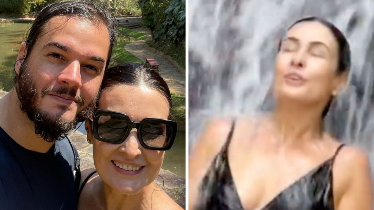 De maiô, Fátima Bernardes exibe corpão em banho de cachoeira com o namorado: “Felicidade no olhar”