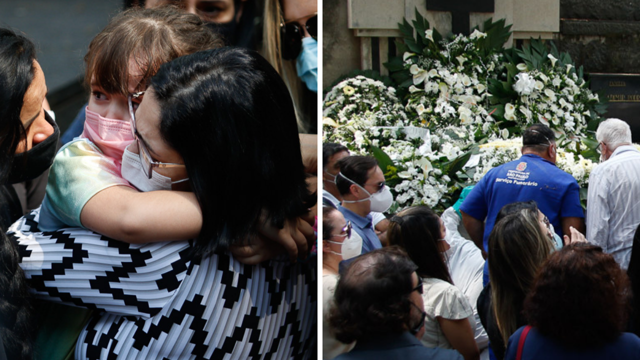 Aos prantos, esposa de Dudu Braga consola a filha de 5 aninhos no sepultamento do filho de Roberto Carlos