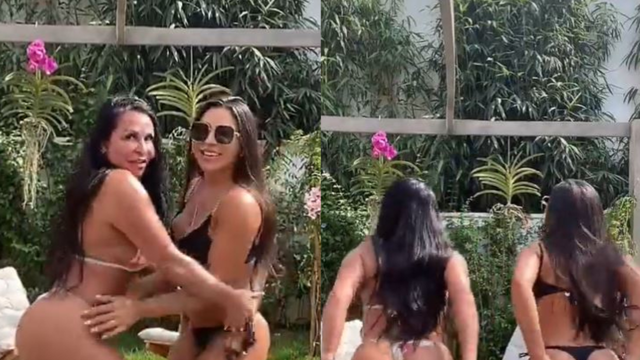 De biquíni fininho, Gretchen e Andressa Ferreira fazem dancinha ousada e ostentam bumbum GG: “Que abundância!”