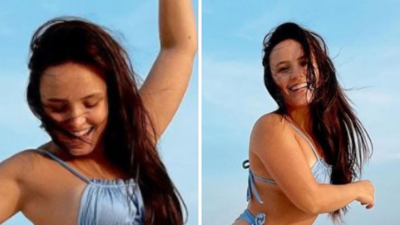 Larissa Manoela vai à praia com biquíni cavado de cós alto e virilha aparece: “A menina cresceu”