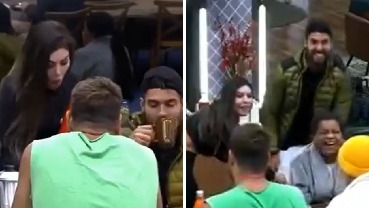 A Fazenda 13: Liziane Gutierrez derruba café na calça branca de Bil Araújo e sugere: “Tira pra eu lavar”