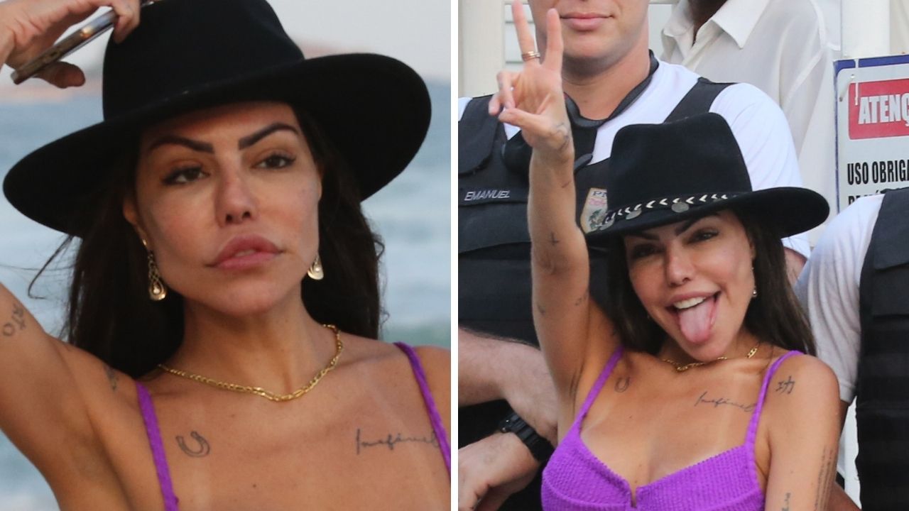 Eliminada de ‘A Fazenda’, Liziane Gutierrez é flagrada de biquíni fio-dental tietando policiais militares