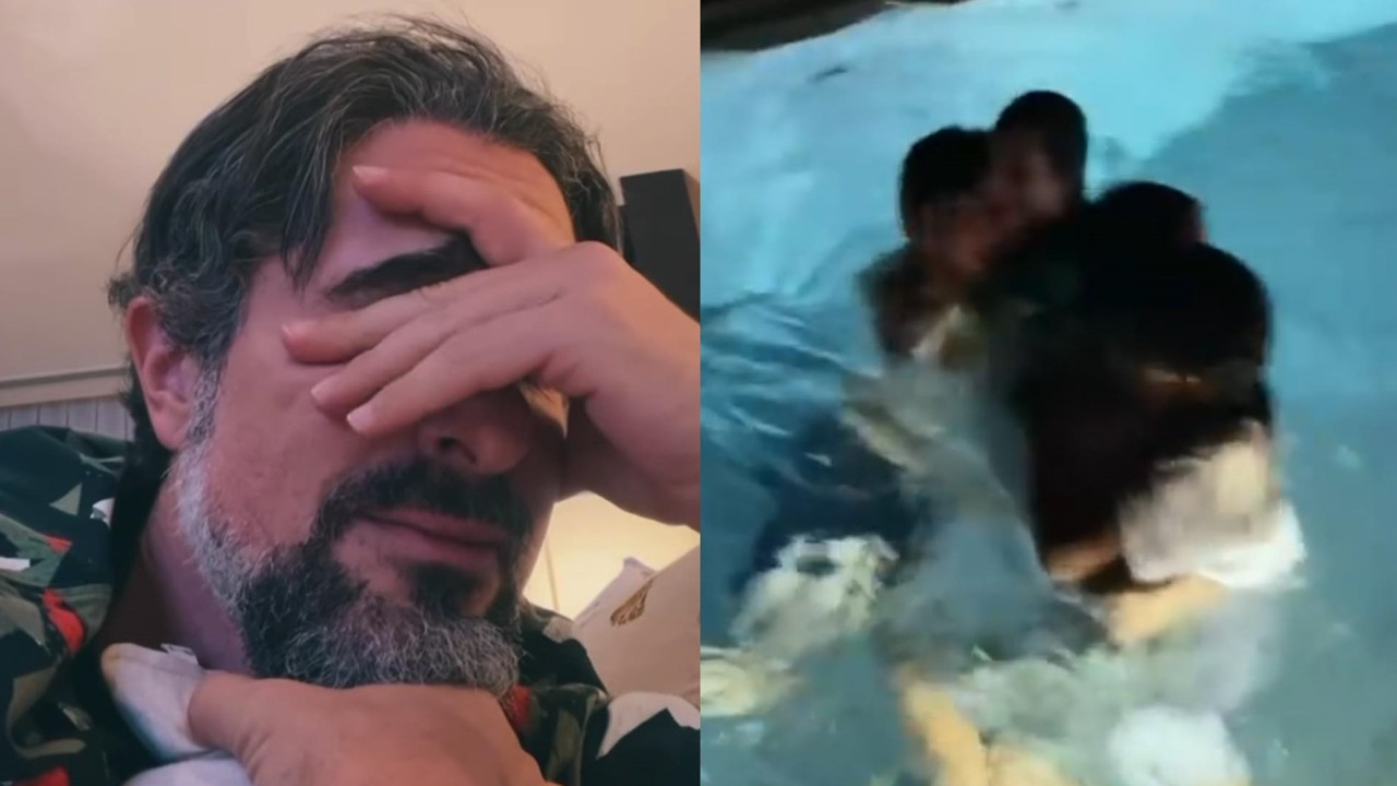 Após estreia triunfal no ‘Caldeirão’, Marcos Mion pula na piscina com a família: “Quantas vezes a gente estreia na Globo?”