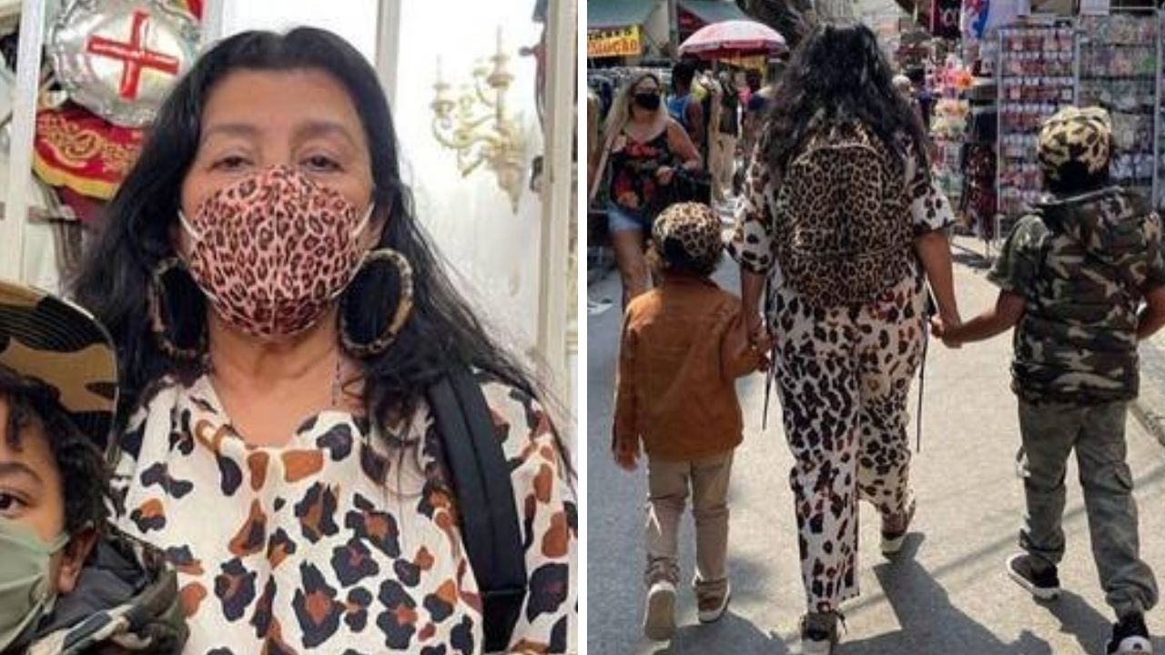 Regina Casé leva o neto e o filho para fazerem compras em região de comércio popular: “Eu amo”