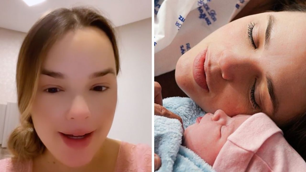 Thaeme Mariôto surge inchada após o parto e desabafa após a primeira noite da filha: “Tensa”